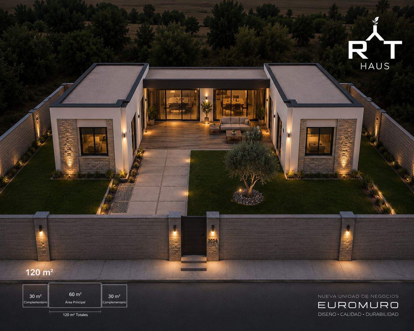 Casa modular RyT Haus de 120 m² con perímetro Euromuros iluminado al anochecer